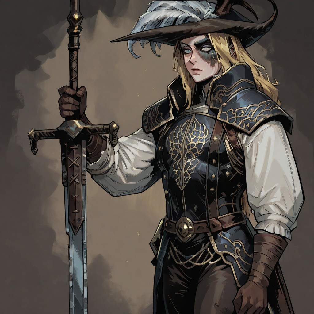 masterpiece, best quality, newest, absurdres, highres, TTCSV1.0,
1girl, DS2Luc-V1.1, blonde, armor, hat, tricorne, brown gloves, long sleeves, hat feather, blue eyes, long hair, DS2Luc-V1.1-hollowing, scar, holding, holding weapon, sword, holding sword,