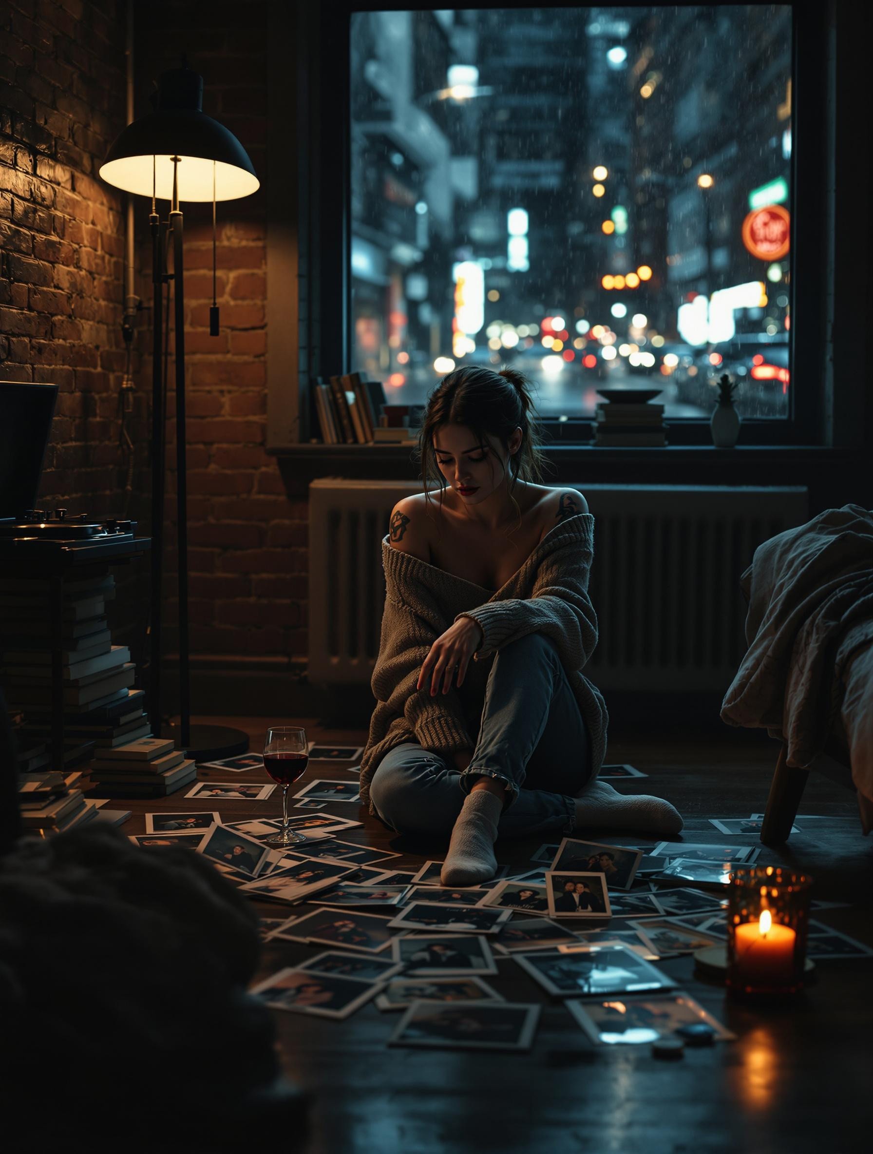 *(Shot in the style of Annie Leibovitz, cinematic lighting, ultra-photorealistic, 8K, Hasselblad medium format, deep shadows, moody tones, dramatic contrasts.)*  
A young tattooed woman sits on the wooden floor of her dimly lit New York City apartment, surrounded by scattered photographs of her lost love. She wears an oversized sweater, slipping off one shoulder, revealing her collarbone, and a pair of faded jeans. Her feet in warm socks rest on the cool floor, her posture slightly slumped as she runs her fingers over an old picture. Her deep, sorrowful eyes are fixed on the image, and a single tear glistens as it trails down her cheek.  
Beside her, a half-filled glass of red wine reflects the warm glow of a nearby floor lamp, casting long, dramatic shadows against the exposed brick walls. City lights flicker through a rain-streaked window, blurring the neon signs and car headlights outside. A record player sits in the corner, its needle resting in silence, as if even the music has abandoned her. The second floor apartment is stylish yet intimate—worn books stacked on the windowsill, an unmade couch with a soft throw blanket, and a candle burning low, its wax pooling onto the table.  
The soft lighting accentuates the sadness in her face, while the photographs scattered around her tell an untold story of love and heartbreak. The atmosphere is heavy with nostalgia, the air thick with longing, as she remains lost in memories, the city moving on without her.