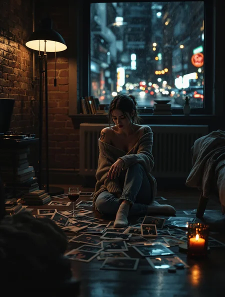 *(Shot in the style of Annie Leibovitz, cinematic lighting, ultra-photorealistic, 8K, Hasselblad medium format, deep shadows, moody tones, dramatic contrasts.)*
A young tattooed woman sits on the wooden floor of her dimly lit New York City apartment, surrounded by scattered photographs of her lost love. She wears an oversized sweater, slipping off one shoulder, revealing her collarbone, and a pair of faded jeans. Her feet in warm socks rest on the cool floor, her posture slightly slumped as she runs her fingers over an old picture. Her deep, sorrowful eyes are fixed on the image, and a single tear glistens as it trails down her cheek.
Beside her, a half-filled glass of red wine reflects the warm glow of a nearby floor lamp, casting long, dramatic shadows against the exposed brick walls. City lights flicker through a rain-streaked window, blurring the neon signs and car headlights outside. A record player sits in the corner, its needle resting in silence, as if even the music has abandoned her. The second floor apartment is stylish yet intimate—worn books stacked on the windowsill, an unmade couch with a soft throw blanket, and a candle burning low, its wax pooling onto the table.
The soft lighting accentuates the sadness in her face, while the photographs scattered around her tell an untold story of love and heartbreak. The atmosphere is heavy with nostalgia, the air thick with longing, as she remains lost in memories, the city moving on without her.