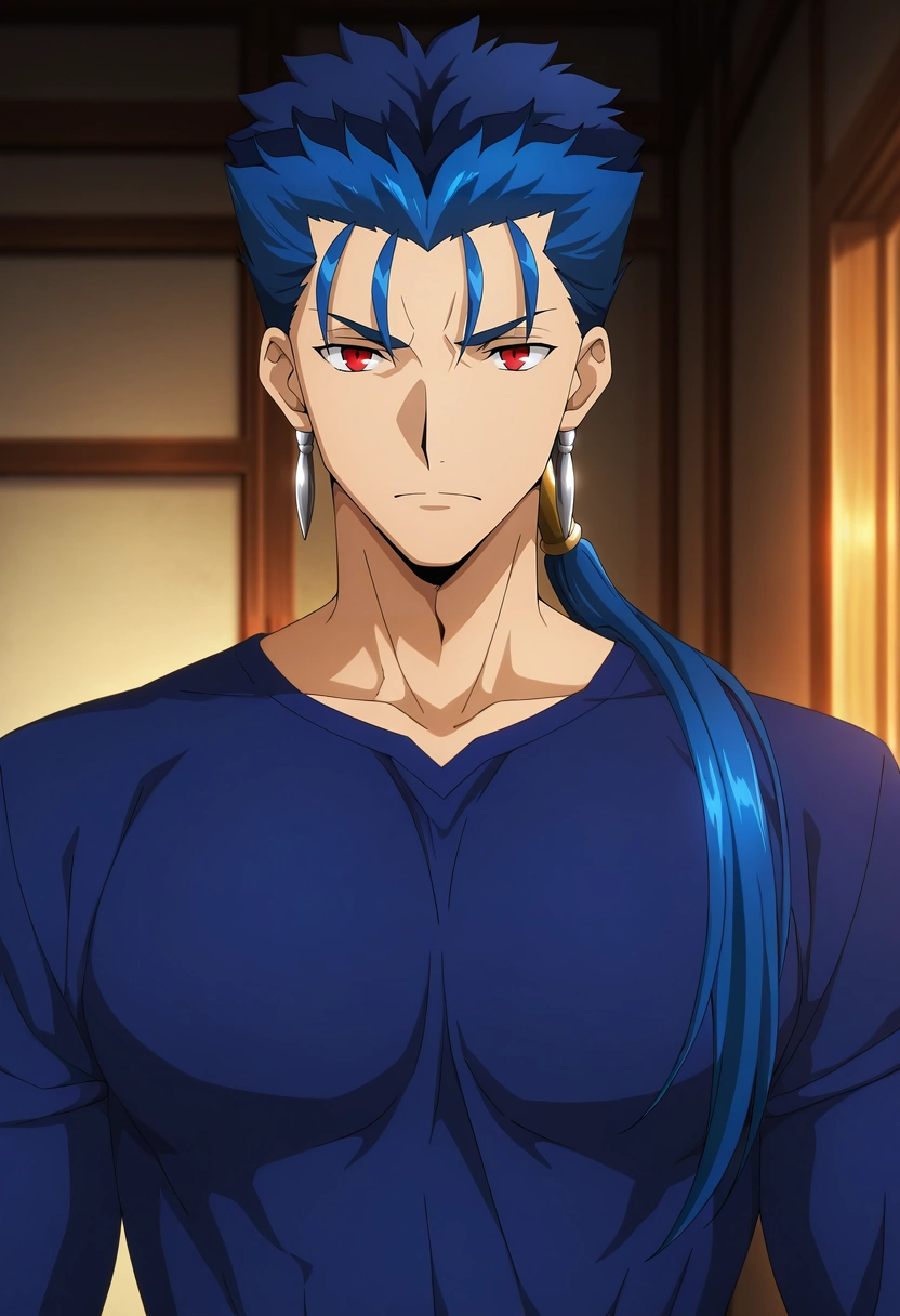 masterpiece, best quality, , anime screencap, , official style, looking at viewer, 1boy, solo, male focus, <lora:lancer_fsn_ilxl:0.96>, lancer_fsn, cu chulainn \(fate\), blue hair, red eyes, long hair, ponytail, spiked hair, earrings, jewelry, , ,