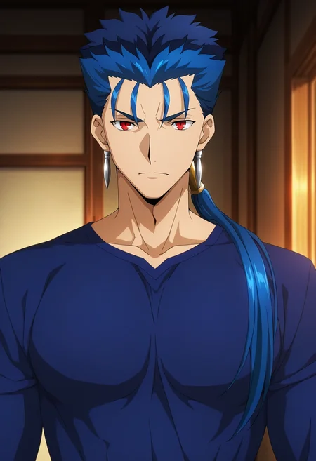 masterpiece, best quality, , anime screencap, , official style, looking at viewer, 1boy, solo, male focus, <lora:lancer_fsn_ilxl:0.96>, lancer_fsn, cu chulainn \(fate\), blue hair, red eyes, long hair, ponytail, spiked hair, earrings, jewelry, , ,