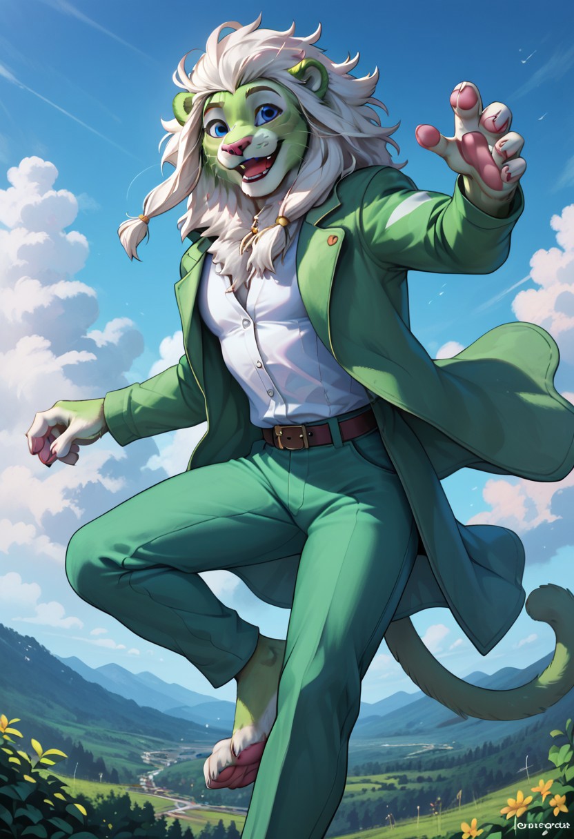 score_9, score_8_up, score_7_up, score_6_up, score_5_up, score_4_up,  highres, detailed face, best quality, 4k, male, green lion, green lion face,  (flue green fur:1), (white mane:1), big mane, white chest, white soles,  pink pads, feet focus, (clothes:1.5), open jacket, (falling from the sky:1), clouds, , smiling, dynamic pose, (detailed blue eyes:1), outside, masculine, (smiling:1), (solo), sportive figure, nice body, light effects, (disney art style:1),  (muscular:1.5), cool looking, (5 fingers:1.5)