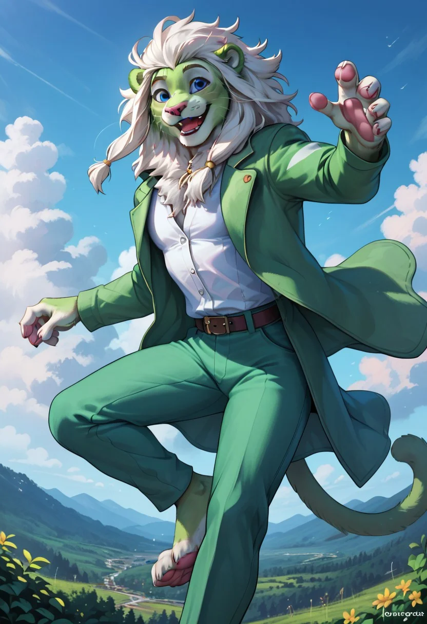 score_9, score_8_up, score_7_up, score_6_up, score_5_up, score_4_up,  highres, detailed face, best quality, 4k, male, green lion, green lion face,  (flue green fur:1), (white mane:1), big mane, white chest, white soles,  pink pads, feet focus, (clothes:1.5), open jacket, (falling from the sky:1), clouds, , smiling, dynamic pose, (detailed blue eyes:1), outside, masculine, (smiling:1), (solo), sportive figure, nice body, light effects, (disney art style:1),  (muscular:1.5), cool looking, (5 fingers:1.5)