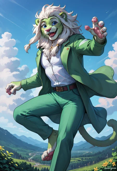 score_9, score_8_up, score_7_up, score_6_up, score_5_up, score_4_up, highres, detailed face, best quality, 4k, male, green lion, green lion face, (flue green fur:1), (white mane:1), big mane, white chest, white soles, pink pads, feet focus, (clothes:1.5), open jacket, (falling from the sky:1), clouds, , smiling, dynamic pose, (detailed blue eyes:1), outside, masculine, (smiling:1), (solo), sportive figure, nice body, light effects, (disney art style:1), (muscular:1.5), cool looking, (5 fingers:1.5)