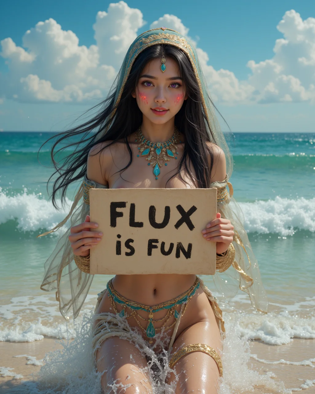 raw photo, Full body portrait, high quality image of cute innocent shy young 18 yr old forest goddess, She has a waist length long black hair and uses what resembles a desert/Pharaoh typical cloth (covering her head and body) with some cyan jewels and also a minor red thunder tattoo under her purples eyes. Describe her joyous expression as she frolics in the gentle waves, the warmth of the sun kissing her caramel skin, and the soft sand beneath her feet." rendered in breathtaking 4K and UHD resolution using Octane Render CGI technology all brought to life in a mesmerizing 16K masterpiece,bewitching aura, by yukisakura, high detailed , fantasy illustration, beautiful fantasy portrait,beautiful woman, korean artist, artgerm colorful!!!, stunning face portrait, 4K ,UHD,Ultra HD 4K image , holding a sign that reads 'FLUX is fun'