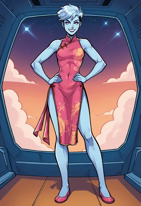1girl, score_9, score_8_up, score_7_up, masterpiece, high quality, western cartoon, very detailed, full color picture, vibrant colors, solo, alone, 1girl,
oracle, pale blue skin, white hair, solo, 1girl, full body, short hair, china dress, purple_dress, skirt, no gloves, smile, hands on hip, flirty,
standing, facing front, looking at viewer, space ship interior, cargo room,