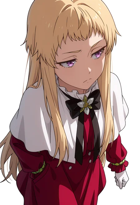 Smooth Quality,masterpiece,very intricate, high quality details, ultra realistic, high detailed skin,detailed enviorement,absurdres,
simple background, white background,solo,
walking pose, one hand in pocket, head slightly turned, casual stride, confident aura,  ,sideways,disappointed,
 <lora:Mariabell_Rosso_cnn:0.8> maricnn,1girl, long hair, blonde hair, purple eyes, frown, very long hair,red dress, long sleeves,white capelet,black bowtie,white gloves,