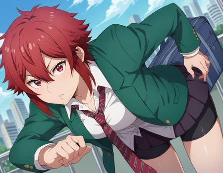 score_9, score_8_up, score_7_up, source_anime,
tomoaizawa, <lora:tomo-aizawa-ponyxl-lora-nochekaiser:1>,
tomo aizawa, short hair, red eyes, hair between eyes, red hair,
skirt, shirt, school uniform, jacket, white shirt, pleated skirt, necktie, striped, black skirt, blazer, red necktie, school bag, green jacket, striped necktie, green blazer, bike shorts,
outdoors, cityscape, bent over,
looking at viewer, dutch angle, cowboy shot,