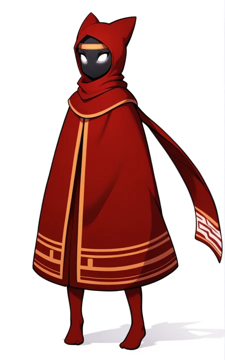 best quality, absurdres,(full body), <lora:BolivanteStyleITS:0.8>,  <lora:TJITS:0.8>, TJITS,white eyes,black skin,blank eyes,no mouth, hooded cloak,hood,hood up,red robe,ofuda,scarf,red legwear,headband,golden headband, white background, standing,featureless feet,solo