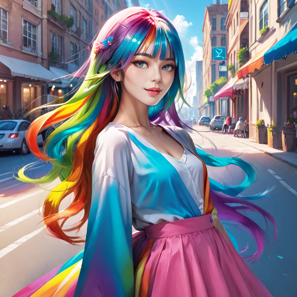 <lora:Pony iridescent-000003:1>,iridescent,multicolored,rainbow,realistic,highly detailed,high budget,masterpiece,best quality,perfect anatomy,very aesthetic,
score_9,score_8_up,score_7_up,outdoors,street,city,
1girl,solo,
<lora:SDXL beautiful_girl_ver2 CF majicmix_style:0.5>,majicmix_style,