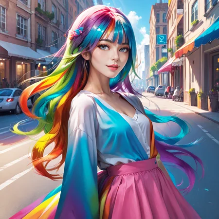 <lora:Pony iridescent-000003:1>,iridescent,multicolored,rainbow,realistic,highly detailed,high budget,masterpiece,best quality,perfect anatomy,very aesthetic,
score_9,score_8_up,score_7_up,outdoors,street,city,
1girl,solo,
<lora:SDXL beautiful_girl_ver2 CF majicmix_style:0.5>,majicmix_style,