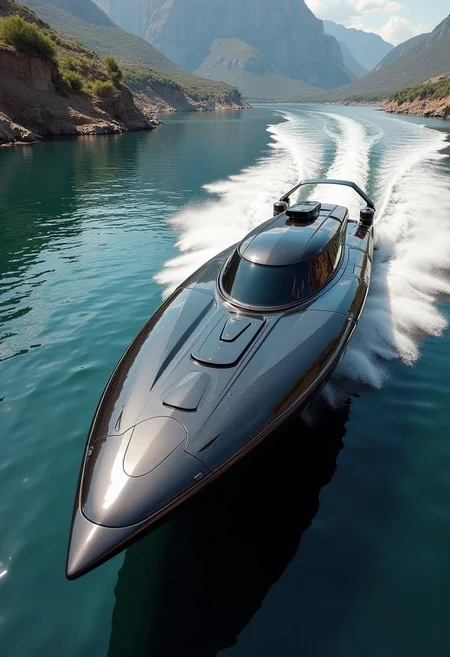 a_skynet_cyberdyne_systems_craft, the image is featuring a futuristic, highly advanced speedboat moving rapidly on a cyberpunk canal. The hull is made of a dark gunmetal alloy