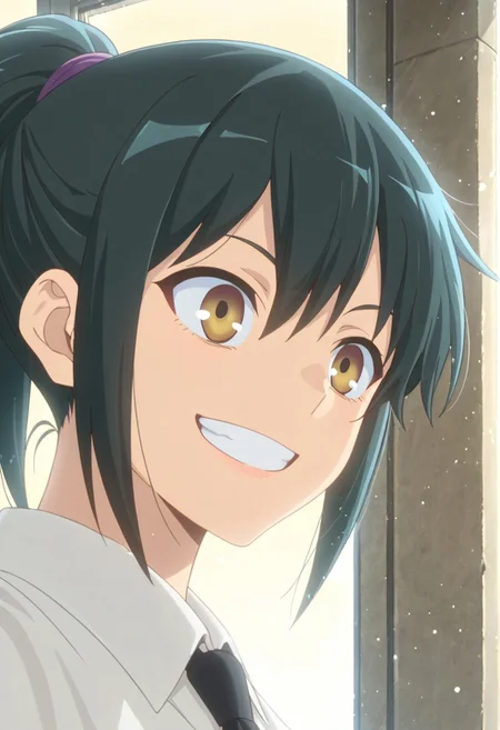 1girl, solo, masterpiece, best quality, newest, absurdres, CG, anime, source anime, illustration, nyalia
BREAK 1girl, solo, Orihara_LW, black hair, ponytail, brown eyes, sidelocks
white shirt, black tie
closeup, portrait, grin, smile, outside border
outdoors
cinematic angle, alternate angles, alternate detailed background, beautiful background, (rays light:1.0),(grow:1.0), light particles