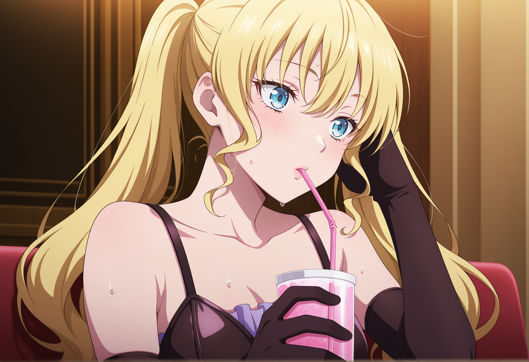 anime screencap, anime coloring, anime screenshot, upper body, 1girl, long hair, blonde hair, twintails, short dress, corset, elbow gloves, thighhighs, thigh strap, sitting, indoors, holding drink, drinking, drinking straw, glossy lips, sweat, hand on hair <lora:Mia_code_vein:1>, masterpiece, best quality, amazing quality, very aesthetic, absurdres, highres, newest