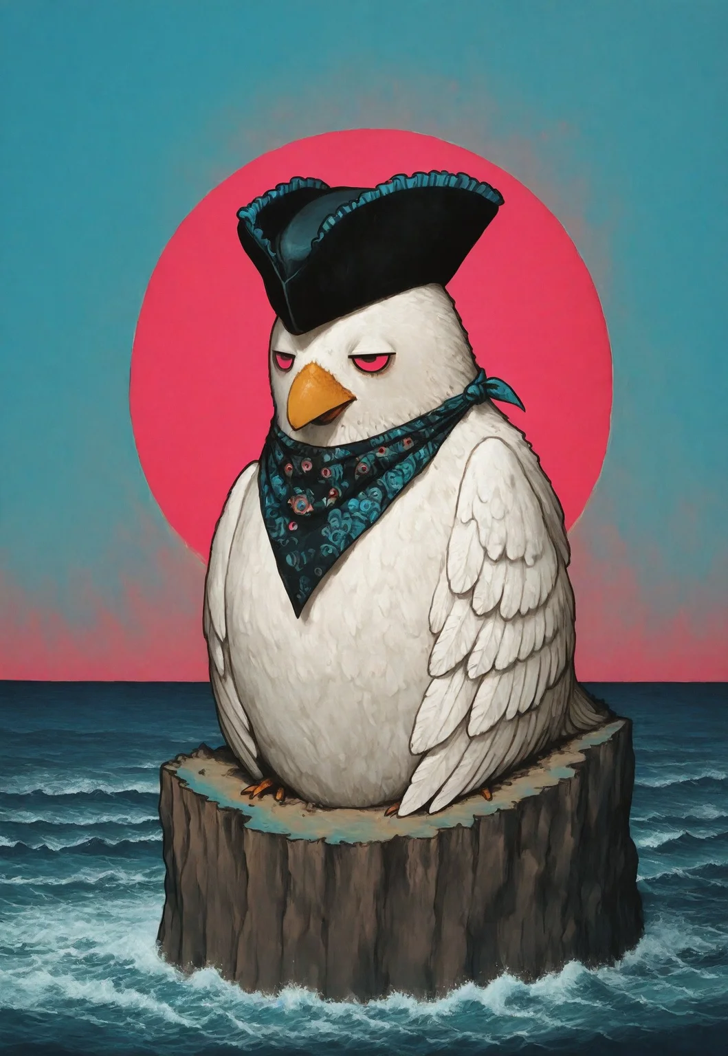 lukch, no humans, painting_\(medium\), vdsur, surreal, colored background,
ambiguous gender, solo, upper body, tricorne, neckerchief, frills, portrait, chicken, jitome, framed picture, cliff, sea,
masterpiece