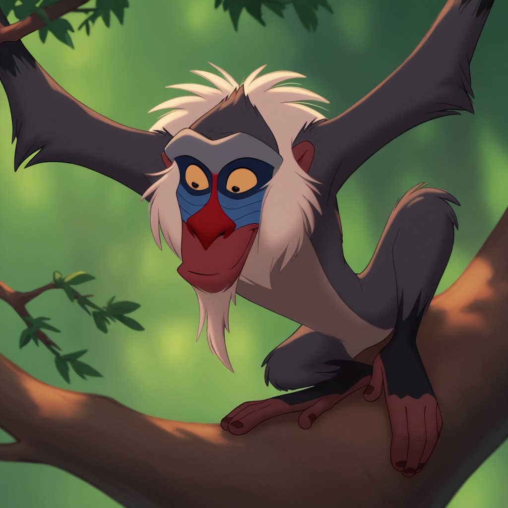 score_9, score_8_up, score_7_up, score_6_up, score_5_up, score_4_up, source_furry, rafikiLK, semi-anthro, male, primate, monkey, grey fur, white hair, black eyes, yellow sclera,  forest, hanging from tree branch