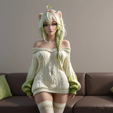 coll-dami, 1girl, thighhighs, animal ears, green eyes, braid, multicolored hair, sweater, green hair, white thighhighs, ahoge, off-shoulder, sweater off shoulder