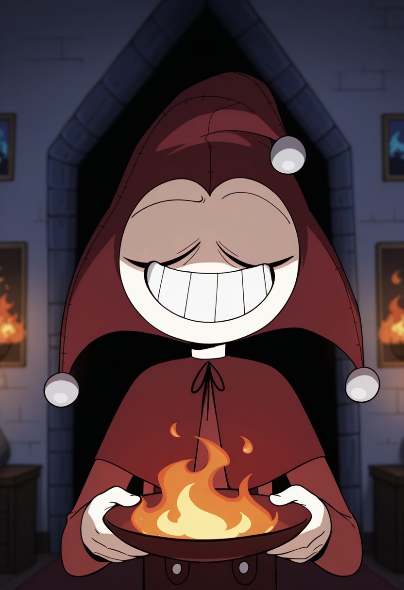 score_9, score_8_up, score_7_up, masterpiece, best quality, amazing quality, Jester Jesterson, 1boy, solo, jester, jester hat, jester cap, caplet, overalls, 4 fingers, black eyes, smile, holding, hat, closed eyes, male focus, grin, fire, red headwear, blurry background, indoors, long sleeves, upper body, blurry, capelet