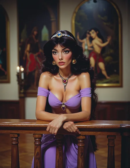 (80s Fantasy Movie Still of princess-jasmine:1.2), wearing her purple outfit, looking bored as she leans over a wooden balcony in a large empty house with large paintings on the walls,  a realistic portrait of a woman filmed on a canon z100 hd quality, IMG-00000231.png  <lora:princess-jasmine-64:0.8> <lora:turbo-alpha:1> <lora:80s_Fantasy_Movie:1>
