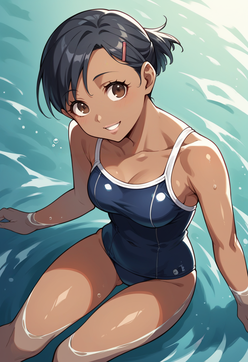 score_9, score_8_up, score_7_up, source_anime BREAK 1girl, solo,
<lora:zs_YukoXL:1> yukornd, short hair, hairclip, dark skin, brown eyes, black hair, blue school swimsuit
smile, water, in water, swimming