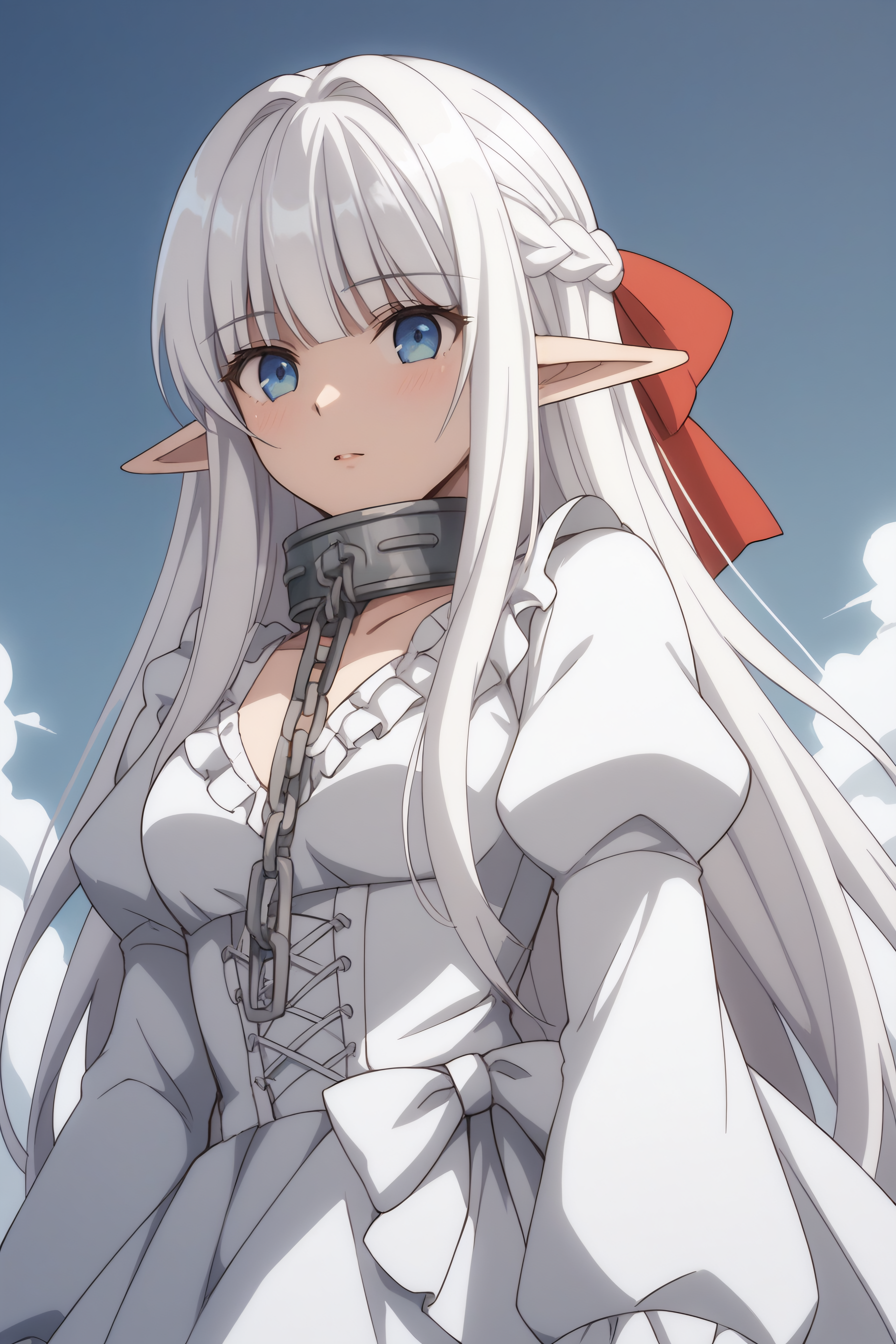 score_9, score_8_up, score_7_up, BREAK source_anime, <lora:Nephelia-PonyXL-lora-faxtron:0.8> nephelia, elf, pointy ears, blue eyes, white hair, long hair, medium breasts, metal collar, white dress, long sleeves, puffy sleeves,