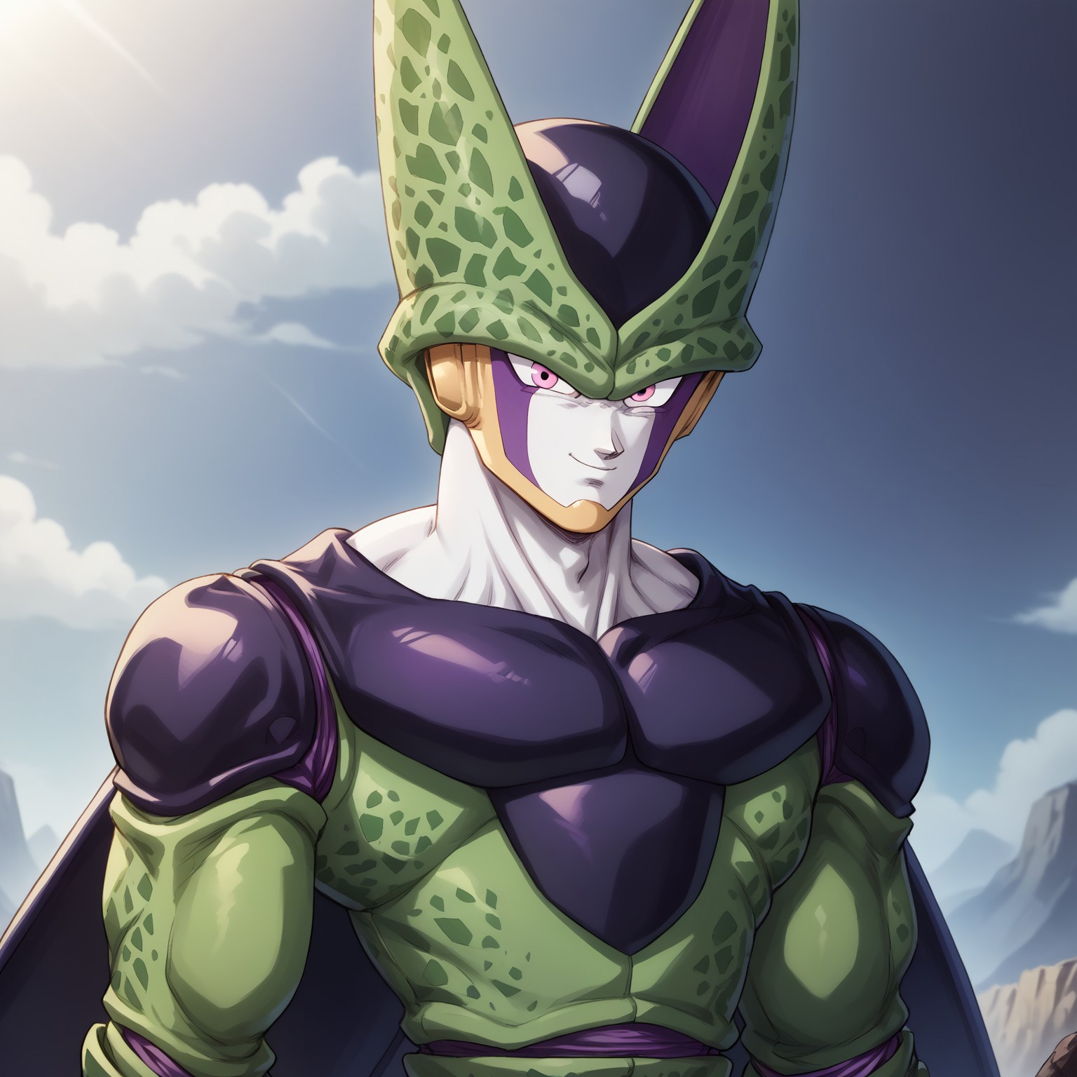 safe_pos, score_9, score_8_up, score_7_up, source_anime, celldb, 1boy, solo, white skin, purple marks, pink eyes, green spotted exoskeleton, black plates, wings, purple veins, looking at viewer, muscular, BREAK, outdoors