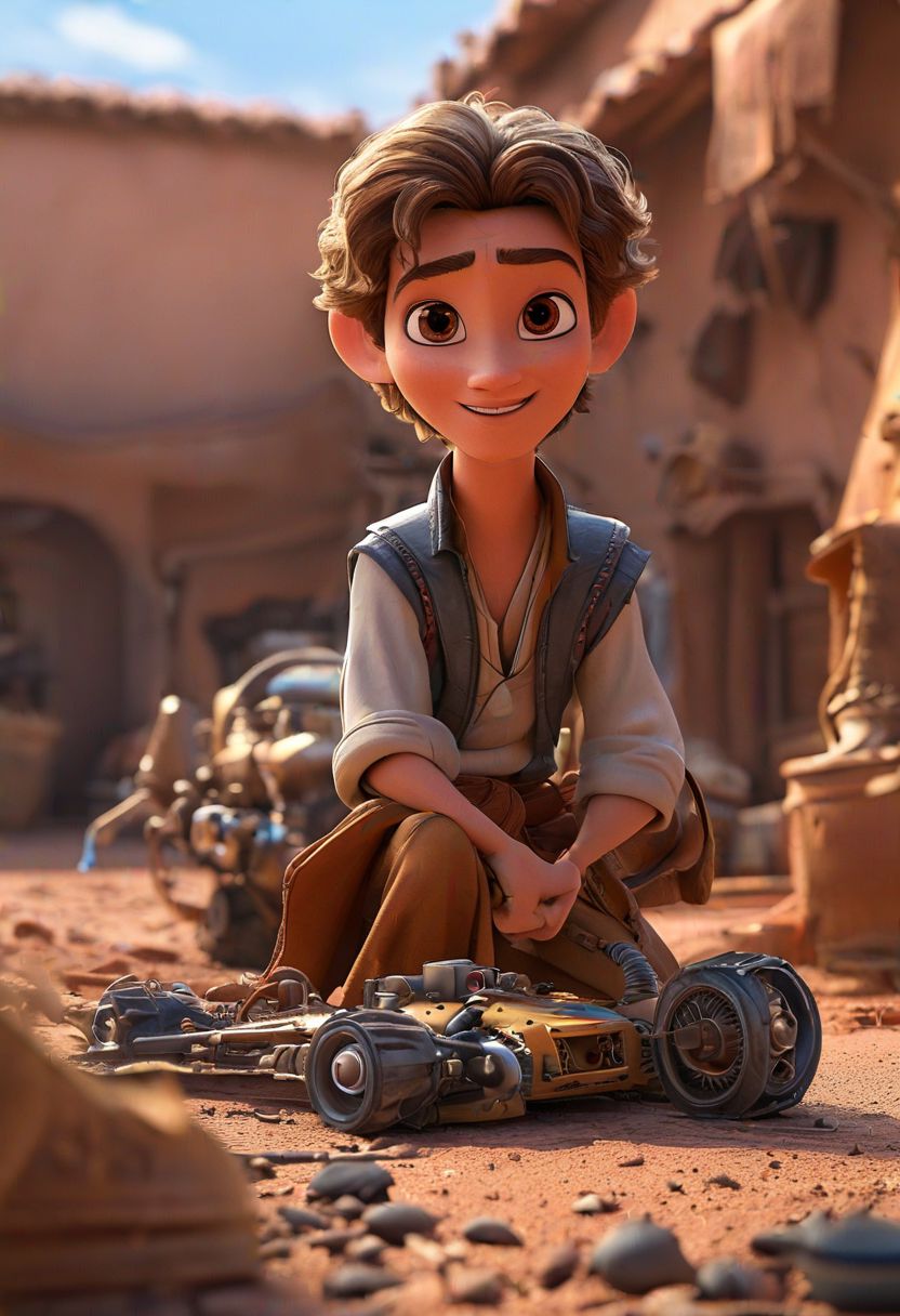 Anakin Skywalker as a young boy in 3D Disney Pixar style, wide-eyed wonder, tinkering with a podracer engine in a dusty Watto's junkyard.