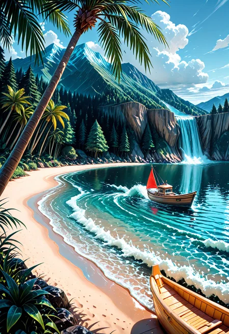 SmoothNoob_Quality, no humans, lake, boat, caustics, day, dock, forest, horizon, island, landscape,nature, outdoors, palm tree, scenery, shallow water, shore, tree, water, watercraft, waterfall, waves, <lora:Smooth_Booster:0.5> <lora:SLE_v2:0.5>