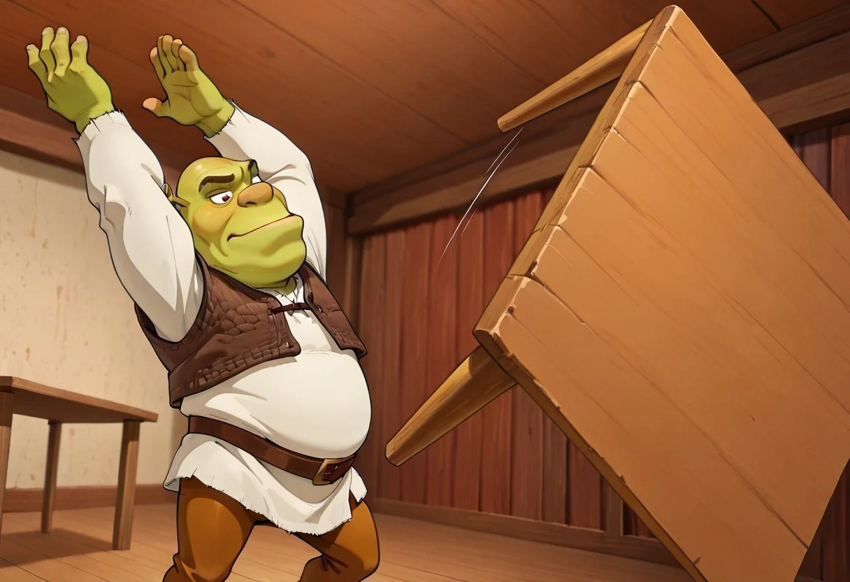 masterpiece, best quality, newest, absurdres, highres, anime, anime style, Table-Flip-IL.V1.0, table, table flip,
1boy, shrek, bald, green skin, brown vest, white shirt, brown belt, pants