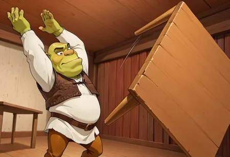 masterpiece, best quality, newest, absurdres, highres, anime, anime style, Table-Flip-IL.V1.0, table, table flip,
1boy, shrek, bald, green skin, brown vest, white shirt, brown belt, pants


