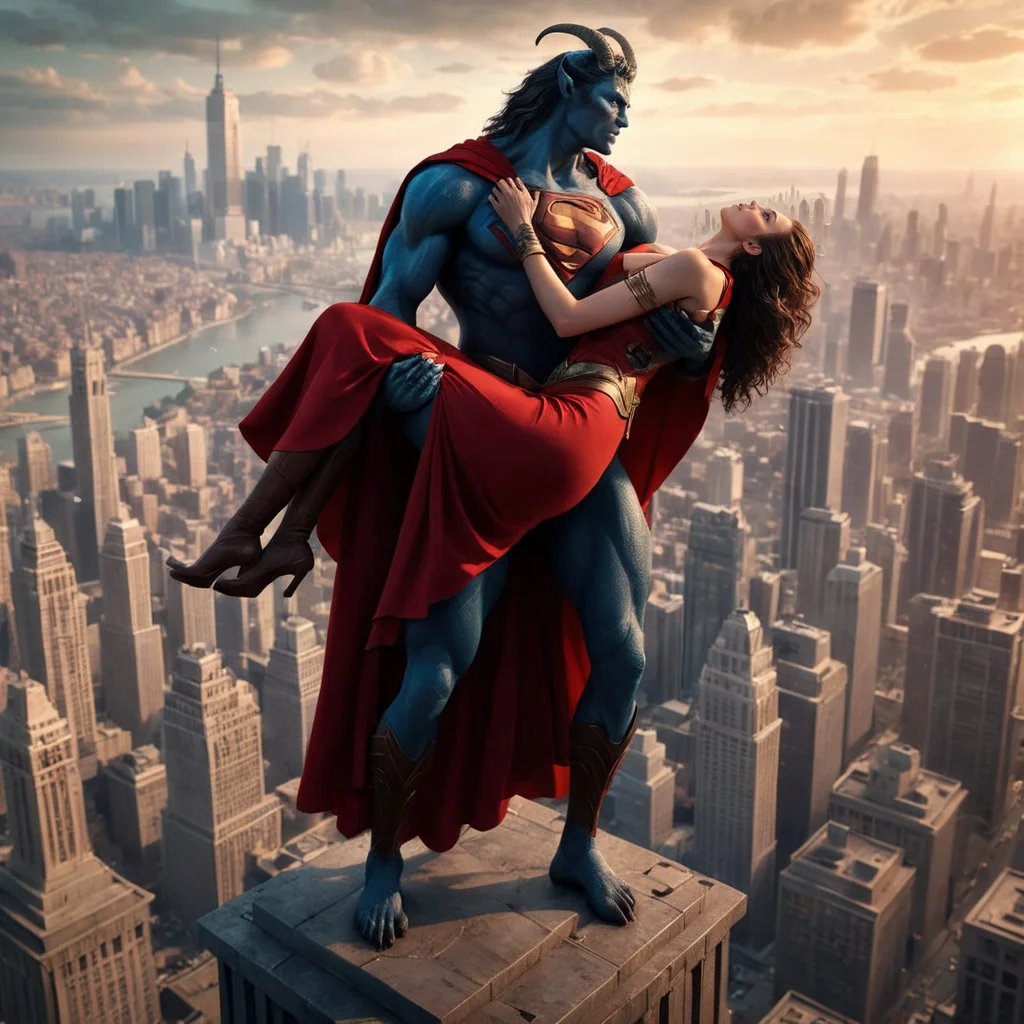 (masterpiece:1.2), (best quality:1.2), sharp focus, (8k), beautiful, high quality, (highres:1.1), detailed, extremely detailed 4K, extremely detailed, intricate, hyper detailed, (vibrant colors:1.3), A majestic and heroic scene: A powerful goat-man superhero stands proudly atop a towering skyscraper, gazing over the vast city skyline. His muscular form is clad in a flowing red cape that billows in the wind, exuding strength and nobility. In his arms, the man carry a woman in arms, he hold a woman in arms, he carry a graceful woman he has just rescued. The city below stretches endlessly, bathed in a warm glow, with towering buildings and bustling streets. The scene is cinematic, dramatic, and awe-inspiring, evoking the essence of heroism and grandeur. Highly detailed, ultra-realistic, dynamic lighting, epic composition
