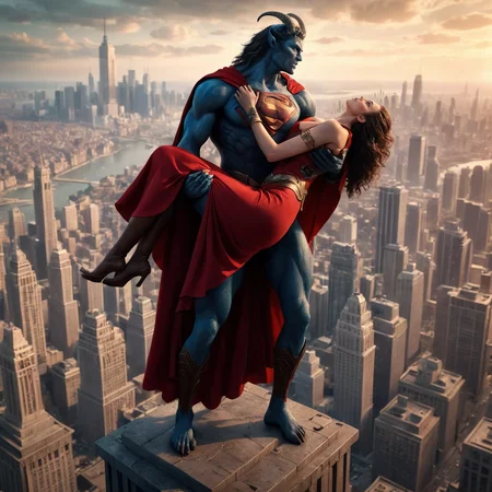 (masterpiece:1.2), (best quality:1.2), sharp focus, (8k), beautiful, high quality, (highres:1.1), detailed, extremely detailed 4K, extremely detailed, intricate, hyper detailed, (vibrant colors:1.3), A majestic and heroic scene: A powerful goat-man superhero stands proudly atop a towering skyscraper, gazing over the vast city skyline. His muscular form is clad in a flowing red cape that billows in the wind, exuding strength and nobility. In his arms, the man carry a woman in arms, he hold a woman in arms, he carry a graceful woman he has just rescued. The city below stretches endlessly, bathed in a warm glow, with towering buildings and bustling streets. The scene is cinematic, dramatic, and awe-inspiring, evoking the essence of heroism and grandeur. Highly detailed, ultra-realistic, dynamic lighting, epic composition