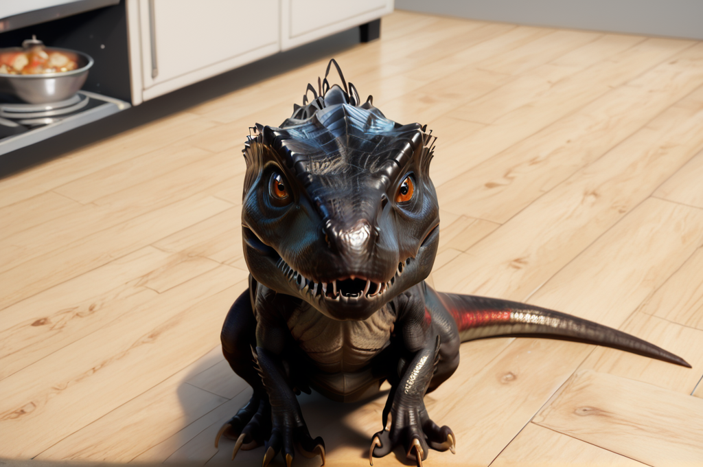 source_furry, score_9, score_8_up, score_7_up, (indoraptor_jwe, dinosaur, feral, chibi, cute), scalie, black scales, detailed scales, red marks, amber eyes, detailed eyes, beautiful eyes, teeth, sharp teeth, claws, tail, <lora:JWE_IndoraptorPony:0.8>, indoors, kitchen, sitting on ground, look at viewer, looking from above, zPDXL2, zPDXLpg, zPDXLrl, best quality, highly detailed, extreme details, masterpiece, photorealistic, hyperrealistic, ultra realistic, hdr, 4k, uhd, ray tracing, shaded