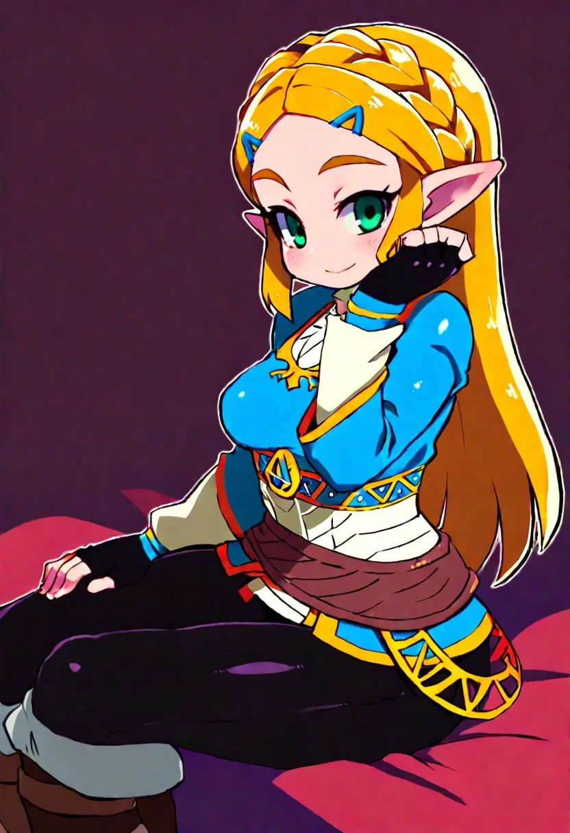 masterpiece, best quality, absurdres, medium breasts, (curvy), cute, eyelashes, BREAK, ,,, absurdres, solo, princess zelda, blonde, long hair, crown braid, hairclip, pointy ears, blue shirt, long sleeves, fingerless gloves, black gloves, black pants, tight pants, smile, ,,, smile, looking at viewer, ,,,
sitting, adjusting hair, red bed,