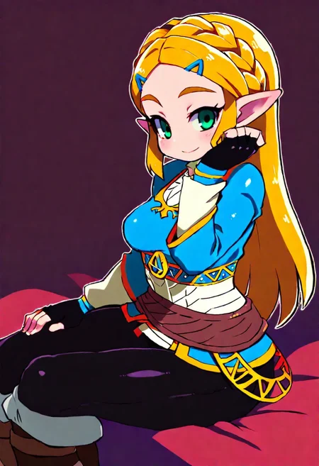 masterpiece, best quality, absurdres, medium breasts, (curvy), cute, eyelashes, BREAK, ,,, absurdres, solo, princess zelda, blonde, long hair, crown braid, hairclip, pointy ears, blue shirt, long sleeves, fingerless gloves, black gloves, black pants, tight pants, smile, ,,, smile, looking at viewer, ,,,
sitting, adjusting hair, red bed,