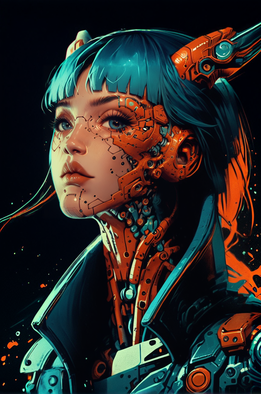 biomechanical style <lora:Neon_Splash_Art_for_Pony:0.9> one girl, haughty expression, raised chin, bob, horns, selective blue, cyberpunk, looking at viewer, heavy tones, detail, dark background, dramatic, front view <lora:OverallDetail:1> <lora:Sinozick_Style_XL_Pony:0.5> <lora:Desolation:0.3> <lora:mgxt:1>, score_9, score_8_up, score_7_up . blend of organic and mechanical elements, futuristic, cybernetic, detailed, intricate
