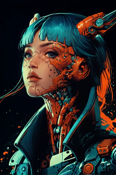biomechanical style <lora:Neon_Splash_Art_for_Pony:0.9> one girl, haughty expression, raised chin, bob, horns, selective blue, cyberpunk, looking at viewer, heavy tones, detail, dark background, dramatic, front view <lora:OverallDetail:1> <lora:Sinozick_Style_XL_Pony:0.5> <lora:Desolation:0.3> <lora:mgxt:1>, score_9, score_8_up, score_7_up . blend of organic and mechanical elements, futuristic, cybernetic, detailed, intricate