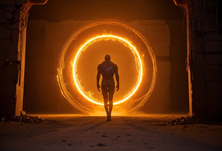 epic, cinematic shot, movie still from Dune movie cyborg humanoid (from behind) wearing rag torn coat walking into (portal to other dimension surrounded by energy field and:1.4) emitting orange light on the edges, (warping time and space:1.2), (futuristic technology:1.2), rubble, stone, (shiny metal statues, metal wires, ancient artifacts:1.5), (glass wood and metal elements covered in dust and dirt:1.3),  sand, very detailed, wide angle, absurd art,  (cyborg, robot, electronics, plasma:1.3), 
<lora:add-detail-xl:0.9>,
<lora:b3ks1n:0.6> b3ks1n,
<lora:JuggerCineXL2:0.8> Film Still, Cinematic, Cinematic Lighting,
<lora:Dune_Movie_Loha2:0.2> Dune, directed by Denis Villeneuve, cinematic, movie, futuristic, sci-fi,
<lora:xl-shanbailing-1003fire:0.5> fire element,