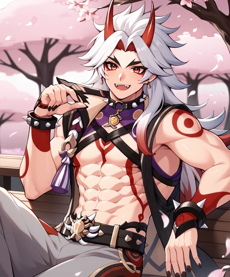 score_9, score_8_up, score_7_up, score_6_up, score_5_up, score_4_up, source_anime, arataki itto, 1boy, male focus, spikes, horns, long hair, solo, black nails, red eyes, white hair, abs, open mouth, jewelry, vision, genshin impact, oni horns, looking at viewer, spiked bracelet, red horns, bracelet, bodypaint, smile, cherry blossoms, spiked choker, japanese clothes, fangs, red hair, earrings, oni, sitting, pants, body markings, choker, multicolored hair,nail polish, spiked collar, chest harness, tree, tassel, harness, muscular, sleeveless coat, collar <lora:ittoPDXL:1>