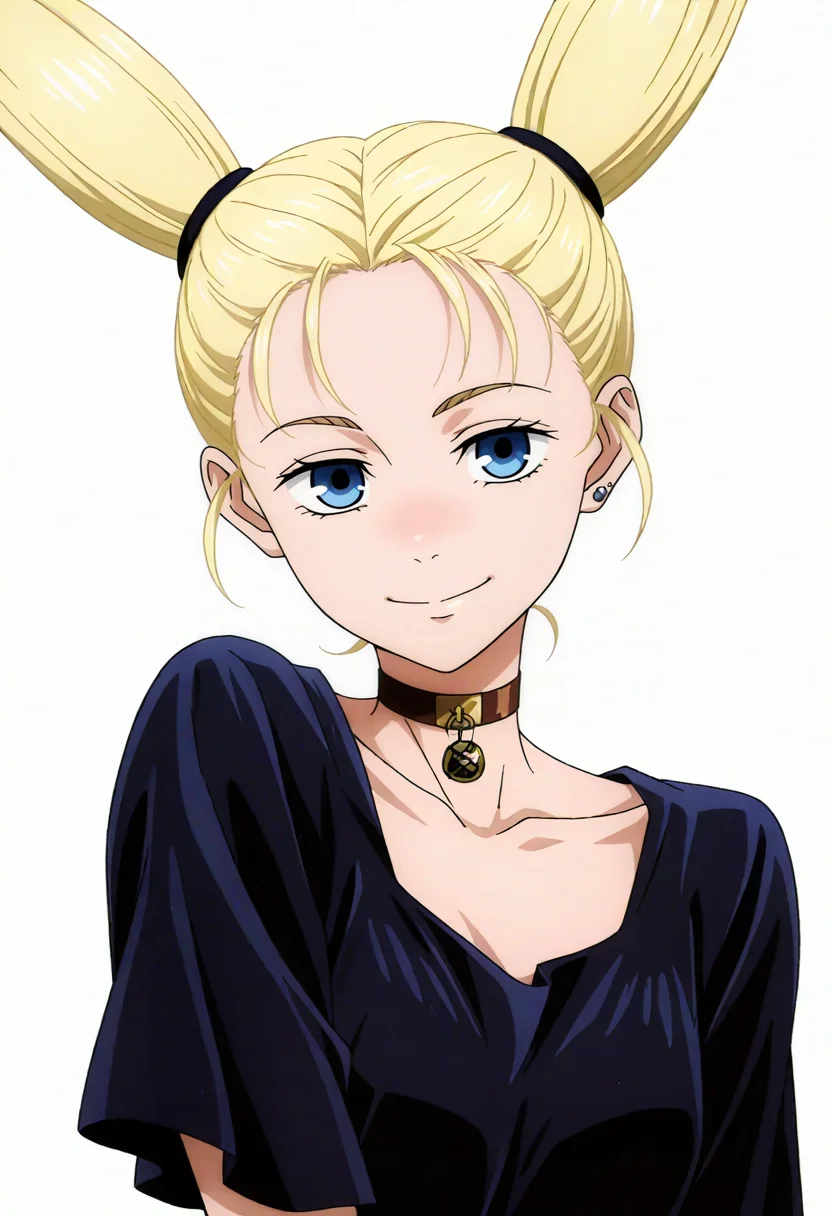 masterpiece, best quality, absurdres, highres, detailed background, <lora:hyperSD8:1>,
<lora:MOMOMO:1> nishimiya momo, 1girl, blonde hair, twintails, choker, black dress, earrings,loose clothes, smile,simple background, white background,