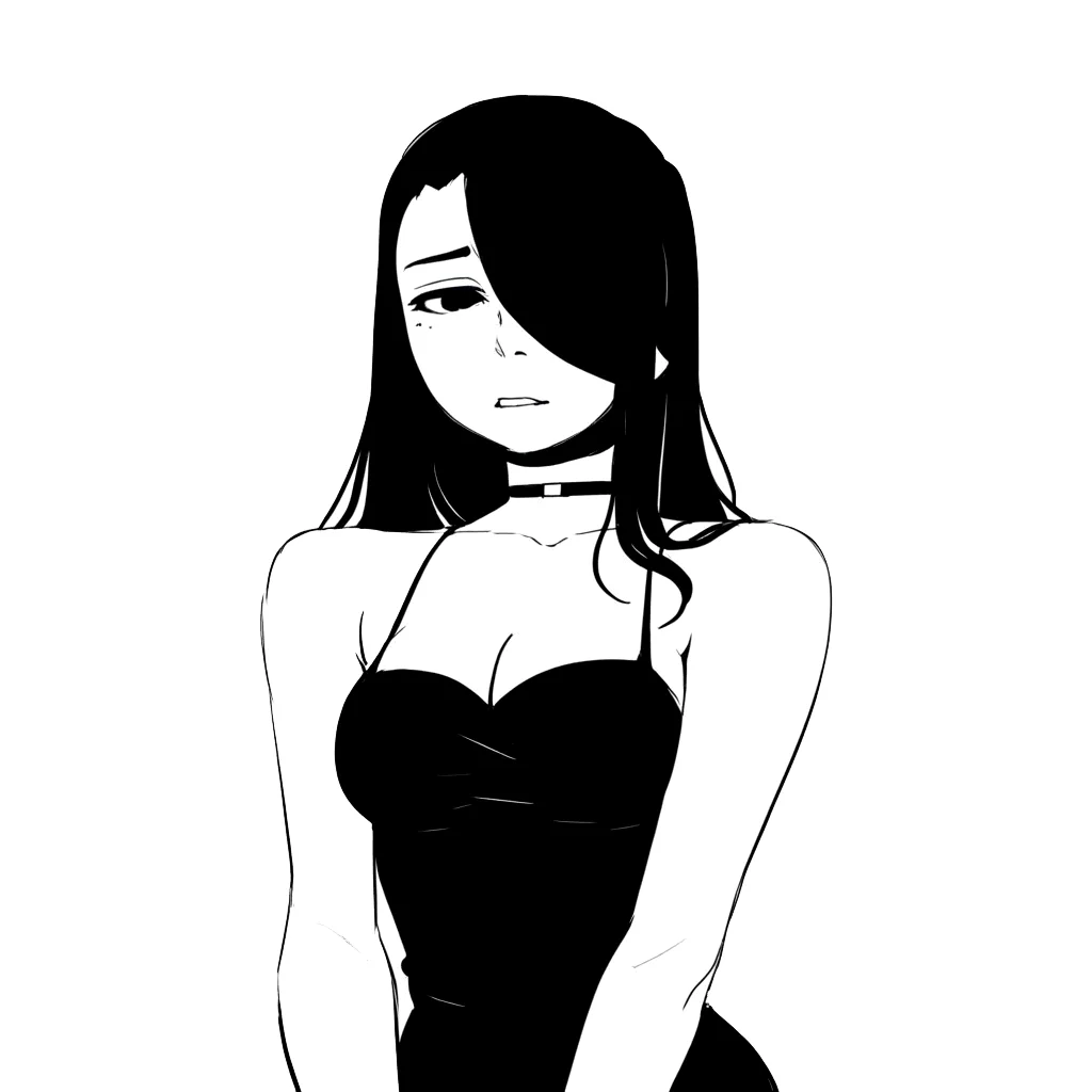 <lora:NilaTelepurtev1.0:0.8> (zPDXL2), score_9, score_8_up, score_7_up, source_cartoon, nila_telepurte, 1girl, solo, human, white skin, long hair, hair over one eye, choker, dress, bare shoulders, collarbone, medium breasts, cleavage BREAK cowboy shot, raised inner eyebrows, parted lips BREAK monochrome, white background