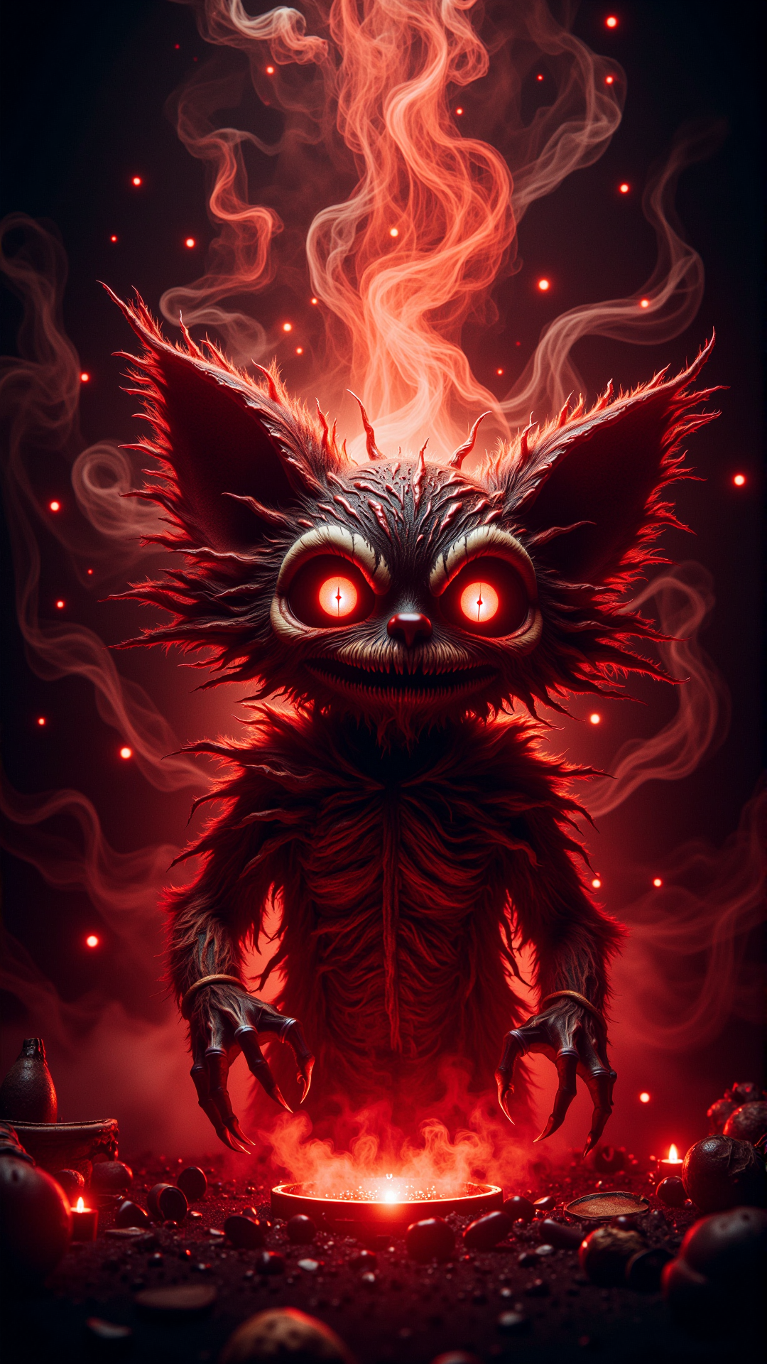 A stunning horror a professional (film grain:1.2) photography, realistic photo of a dark cursed atmospheric bloody teemo from league of legends, Pixar style, by Tristan Eaton Stanley Artgerm and Tom Bagshaw. <lora:DarkmosphericFlux:0.75>, gas spirit rising up, high resolution photography, ultra resolution, 4k, 8k, 16k, HDR, DOF, studio photography, professionalismphotography,close-up shot,low angle,direct perspective,shallow depth of field,bioluminiscent,high key lighting,Muted color palette,detailed skin pores,Earth Tone color palette,(front view:1.5),shot on Ricoh GR III with GR 18.3mm f-2.8