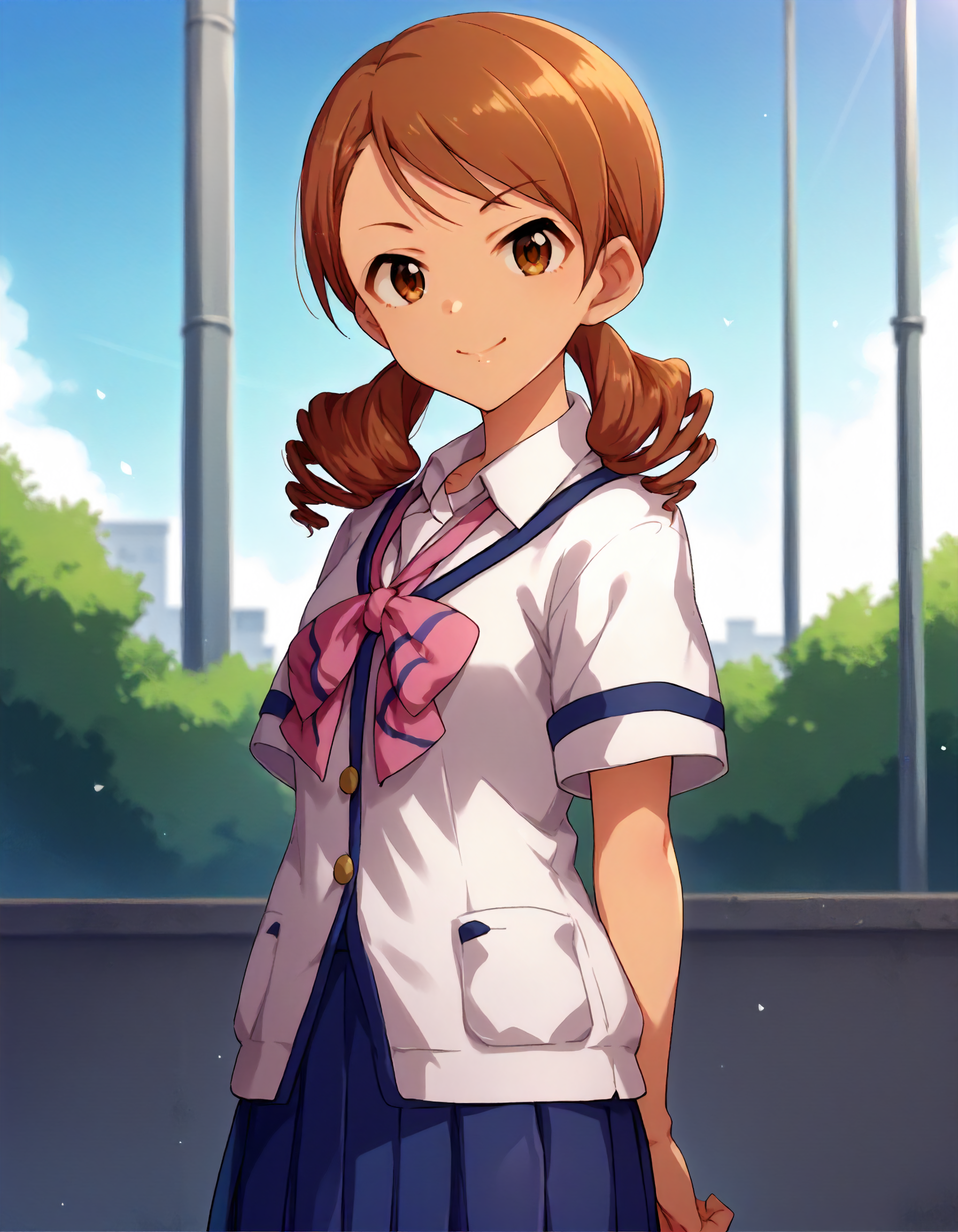 score_9,score_8_up,score_7_up,1girl,solo,cowboy shot,looking at viewer,smile,closed mouth,arms at sides,outdoors,
<lora:houjoukaren_ponyXLV6:0.8>,cghkr,
brown hair,low twintails,drill hair,brown eyes,
white school uniform