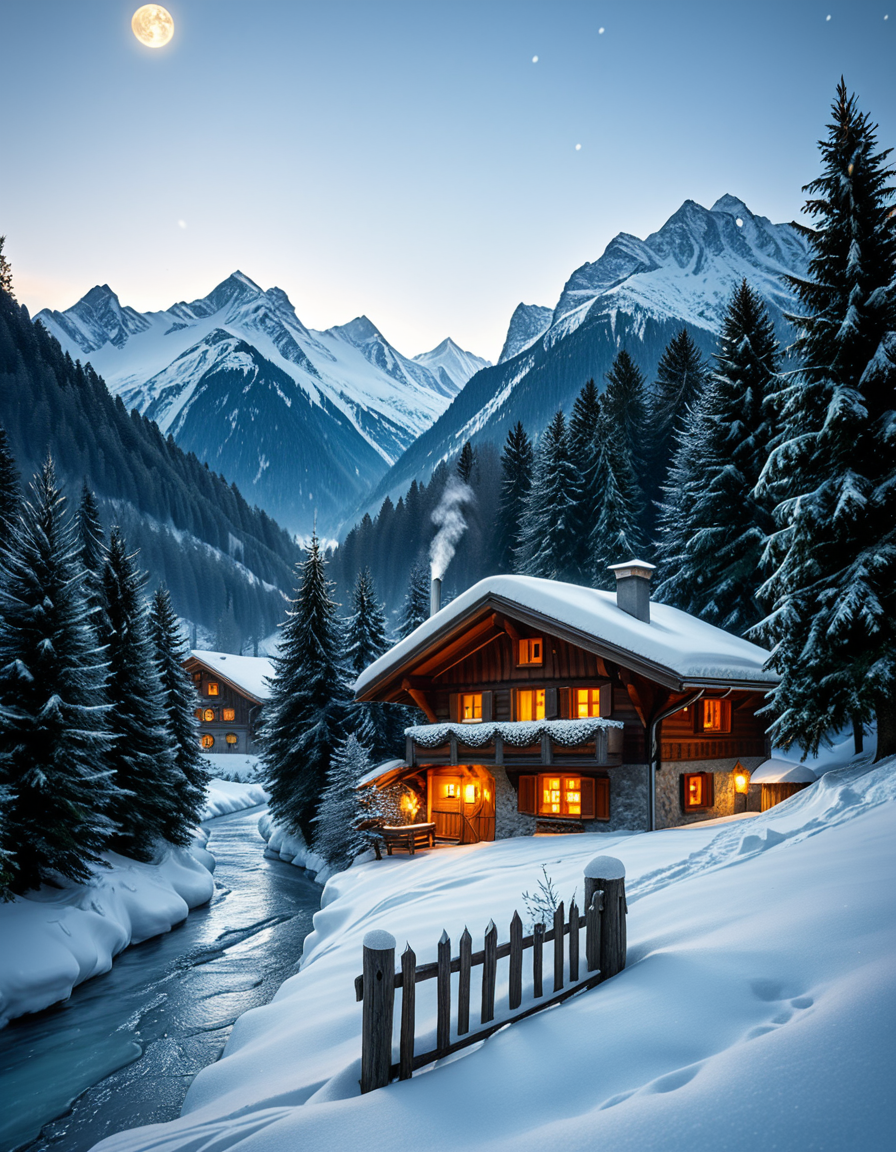 A stunning winter scene in the Tyrol region of Austria. A charming wooden chalet with traditional alpine architecture stands on a gentle snow-covered slope, surrounded by dense evergreen forests blanketed in fresh snow. The chaletâs warm interior lights glow softly through its large windows, creating a cozy contrast against the cool twilight hues of the sky. A plume of smoke drifts from the chimney, hinting at a roaring fireplace inside. In the foreground, a small wooden fence is partially buried under the snow, while a frozen river winds through the valley, reflecting the moonlight. Towering, snow-capped peaks of the Austrian Alps dominate the background, adding a breathtaking sense of grandeur. Snowflakes gently fall, adding movement and depth to the peaceful, picturesque scene. The image is hyper-realistic, capturing the intricate textures of the wood, snow, and ice, with cinematic lighting that highlights the magical winter ambiance.
<lora:SDXLFaeTastic2400:0.4> <lora:extremely_detailed:0.4> extremely detailed,<lora:winter_scene_in_the_Tyr0l:1>,winter scene in the Tyr0l, Masterpiece,best quality,hi res,8k,hi res,8k,award winning,(sharp focus, intricate, highly detailed),