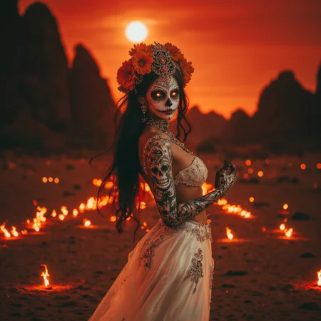 Santa Muerte stands beneath a blood-red sky in a moonlit desert, her figure framed by towering, jagged rock formations. Her flowing white gown, adorned with silver accents and lace, clings to her curvaceous body as it sways in the warm desert breeze. Her skeletal face is adorned with intricate, glowing tattoos, and her eyes gleam with an otherworldly light. A crown of marigolds and bones rests on her head, her long dark hair cascading down her back. The soft glow of candles scattered around the desert floor flickers in the wind, casting shadows that dance across her body. With a slow, deliberate grace, she extends her arms, her pose both inviting and dangerous, exuding a seductive, haunting presence under the watchful gaze of the full moon.