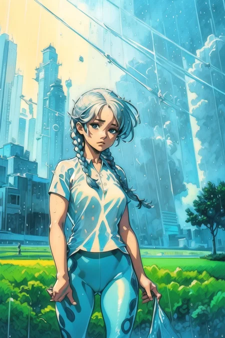 girl, upper body, (hotify:1.2), (illustration:1.4), (Raining,Field:1.4),Muscular,Flat Chest,(Playing Sports),Long Hair,Tribal Braids,(platinum Polo Shirt,azure Leggings:1.3),kemono friends,Spiked Choker ,(masterpiece,detailed,highres:1.4) <lora:novel_bright:0.8>