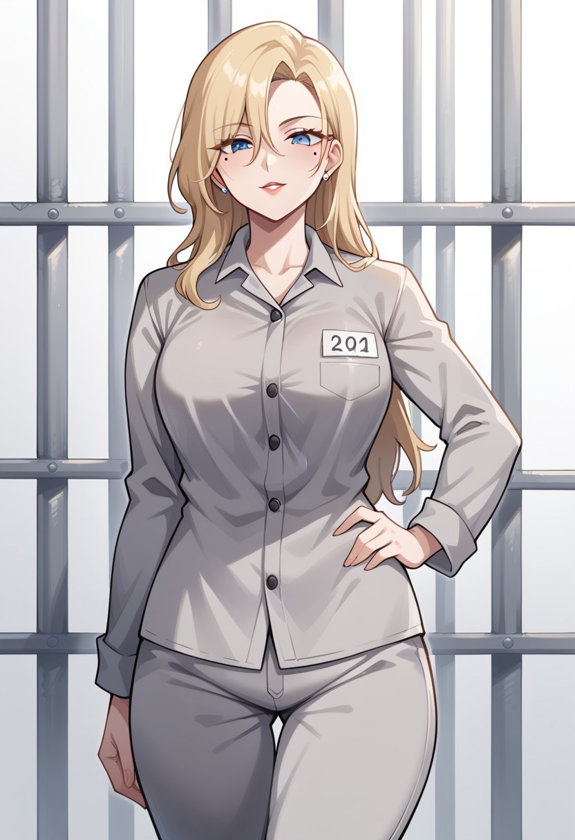 score_9, score_8_up, score_7_up, score_6_up, 1girl, solo, BREAK hirokosmtii, long hair, blonde hair, mole under eye, blue eyes, Prison clothes, gray uniform, pants, name tag, outdoors, cowboy shot, hand on hip, mature woman, looking at viewer, evil laught