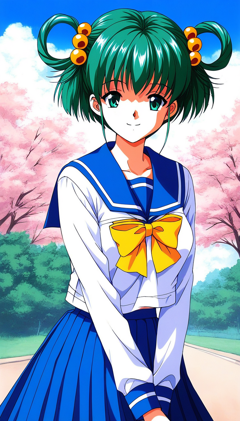 score_9, score_8_up, score_7_up, source_anime, rating_explicit, BREAK  <lora:Tatebayashi_Miharu_XL:1> TatebayashiMiharu, hair rings, hair ornament, Yellow bobbles, green hair, bangs, short hair, green eyes, medium breasts, 
solo, school uniform, skirt, long sleeves, pleated skirt, 1990s (style), blue skirt, serafuku, yellow bow, smile, 
looking at viewer, bow, sailor collar, standing, shirt, blue sailor collar,
outdoor, day, sky,