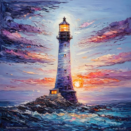 <lora:Luminescent_impastoSDXL:1> Luminescent Impasto, The image shows a painting of a lighthouse in the ocean at sunset with the sky painted in a beautiful array of oranges pinks and purples. The lighthouse stands tall and proud illuminated by the warm light of the setting sun surrounded by the deep blue of the ocean. The painting is done in a palette knife style giving it a unique and captivating look., scenery, no humans, ocean, cloud, water, sky, outdoors, sun, fantasy, sunset