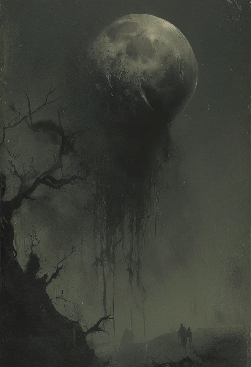 the moon hangs like a cruel portrait, novuschroma38, detailed, high resolution, eerie, atmospheric, foreboding, unsettling